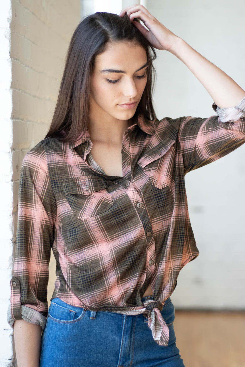 Olive & Blush Knotted Front Plaid Shirt