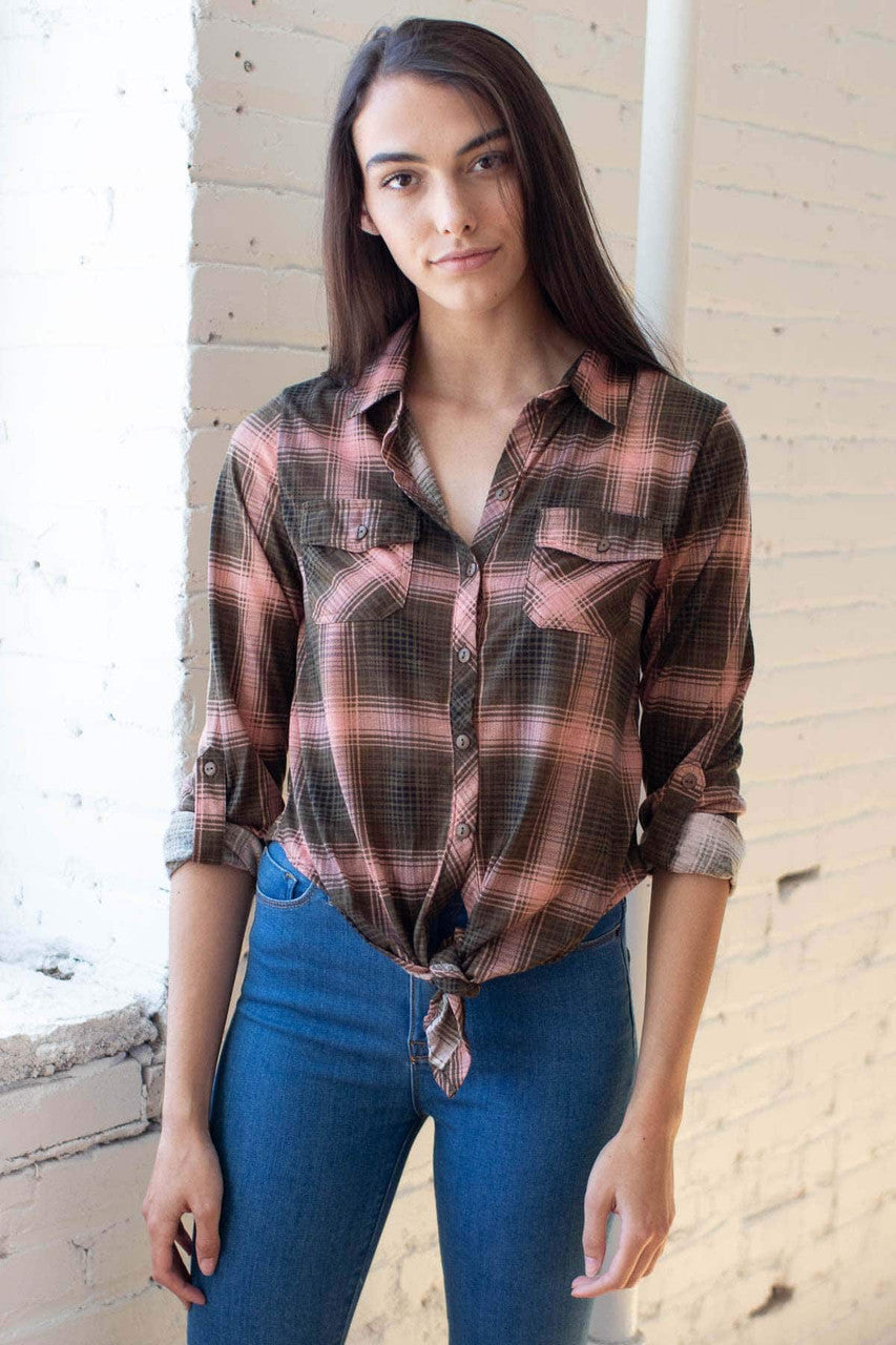 Olive & Blush Knotted Front Plaid Shirt