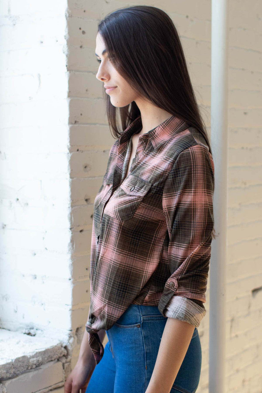 Olive & Blush Knotted Front Plaid Shirt