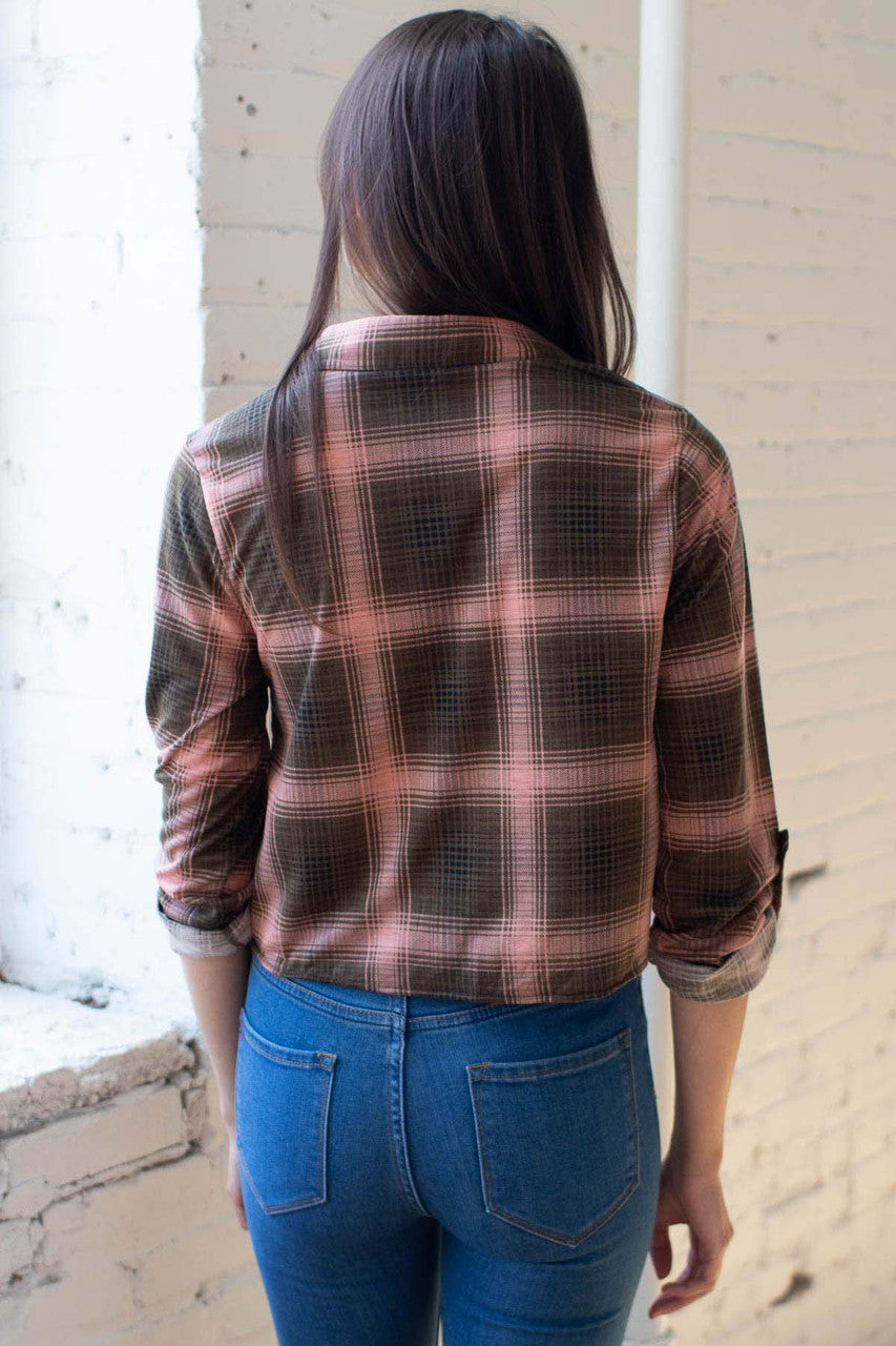 Olive & Blush Knotted Front Plaid Shirt