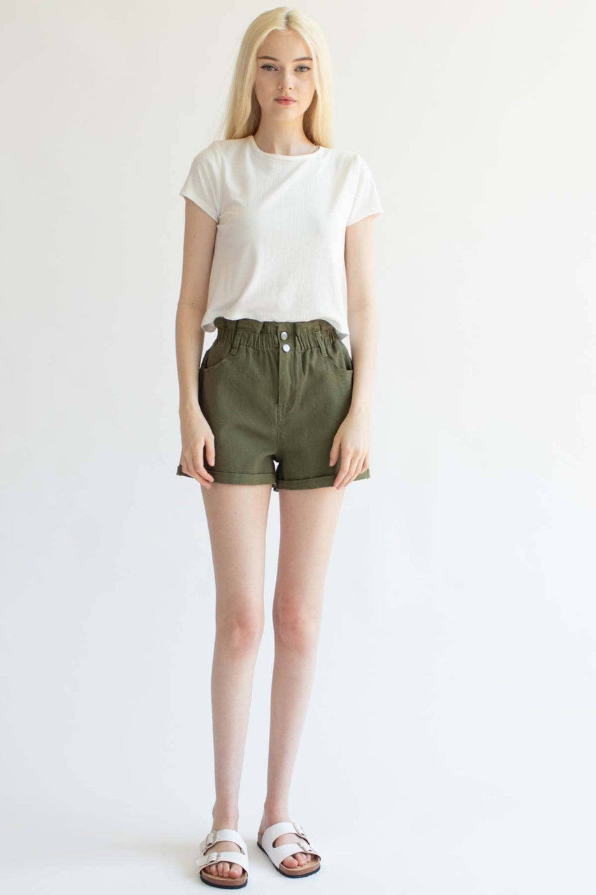 Olive Cuffed Paper Bag Waist Denim Shorts