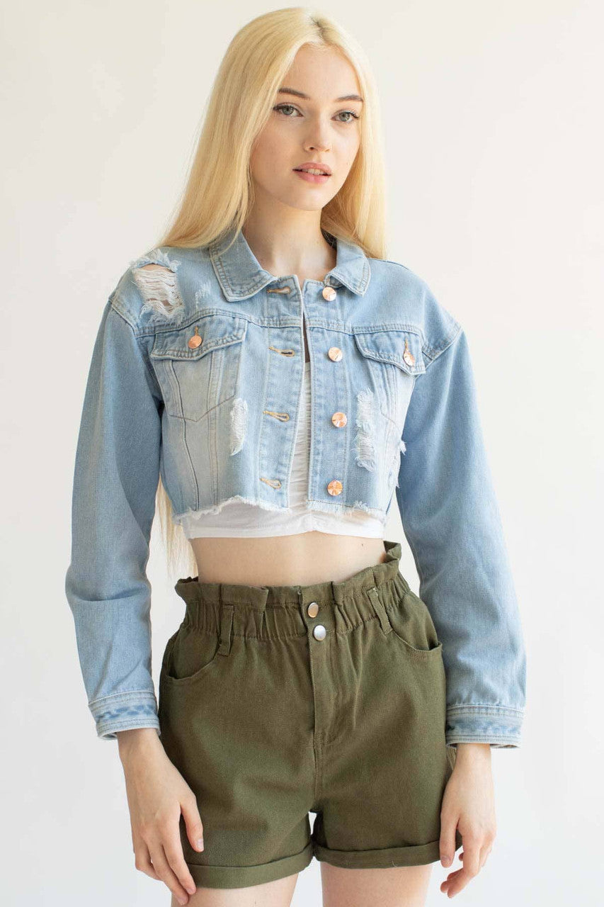 Olive Cuffed Paper Bag Waist Denim Shorts