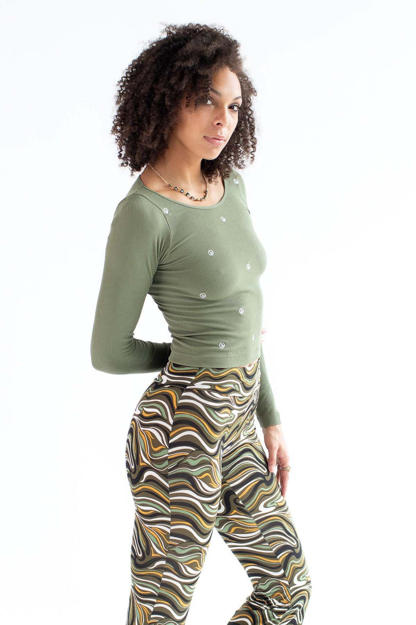 Olive Peace Embroidered Seamless Shirt