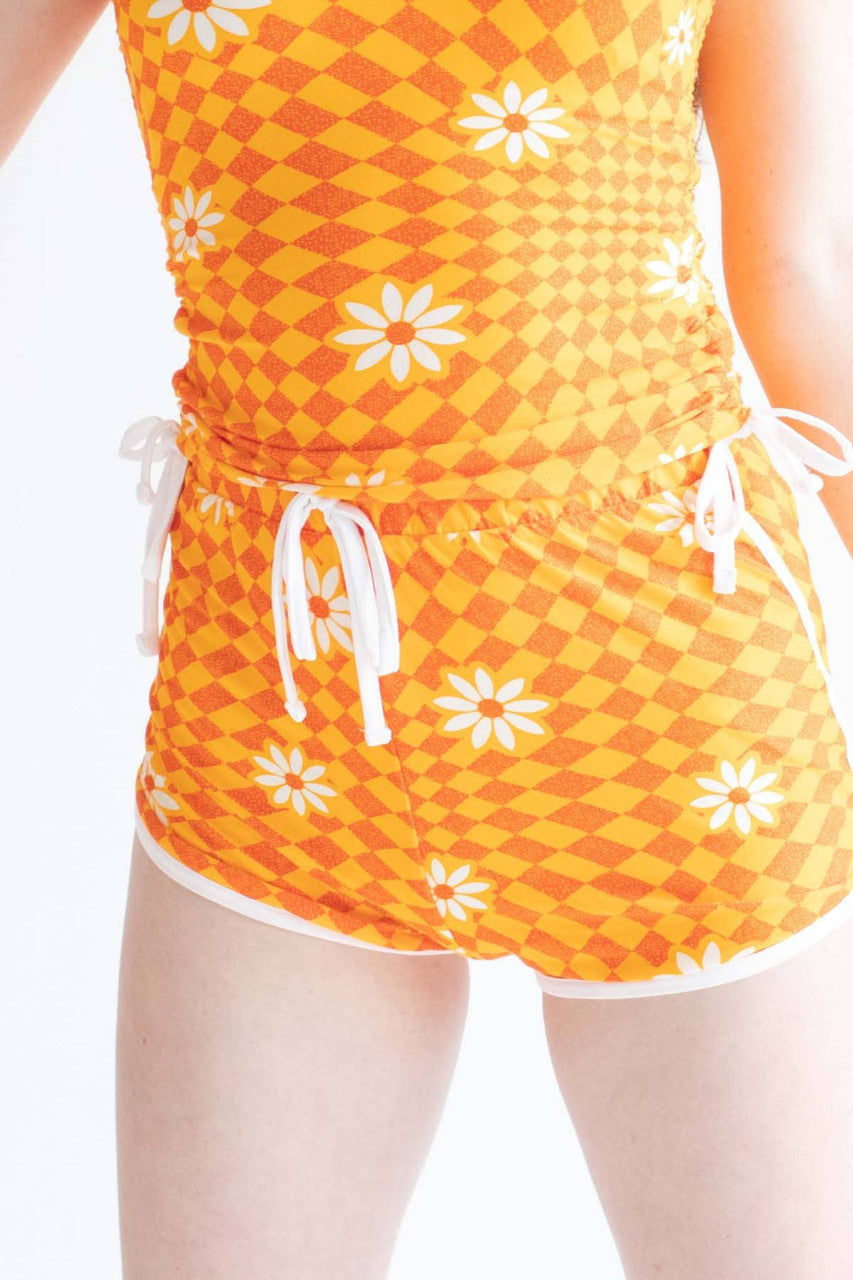 Orange Checkered Daisy Dolphin Shorts
