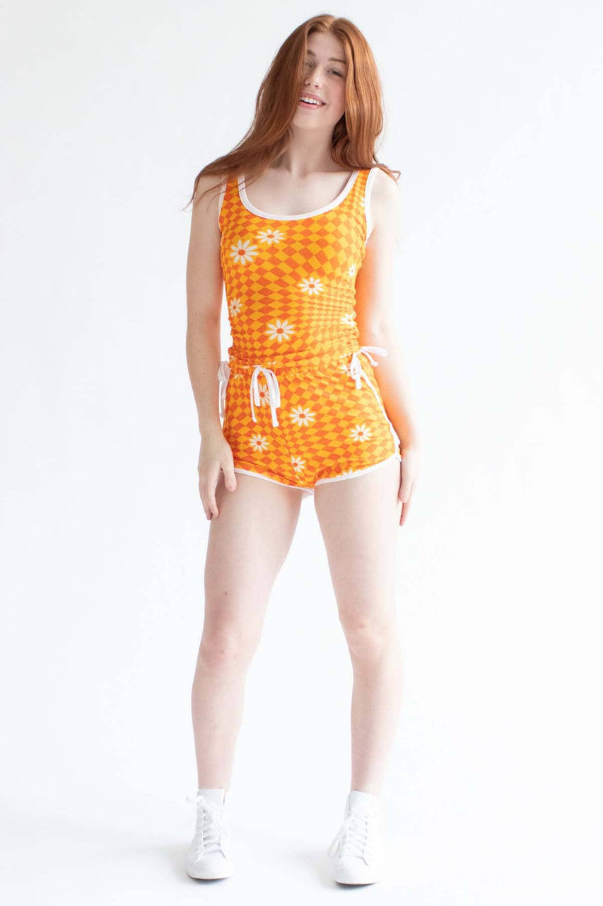 Orange Checkered Daisy Ruched Side Tank