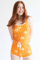 Orange Checkered Daisy Ruched Side Tank