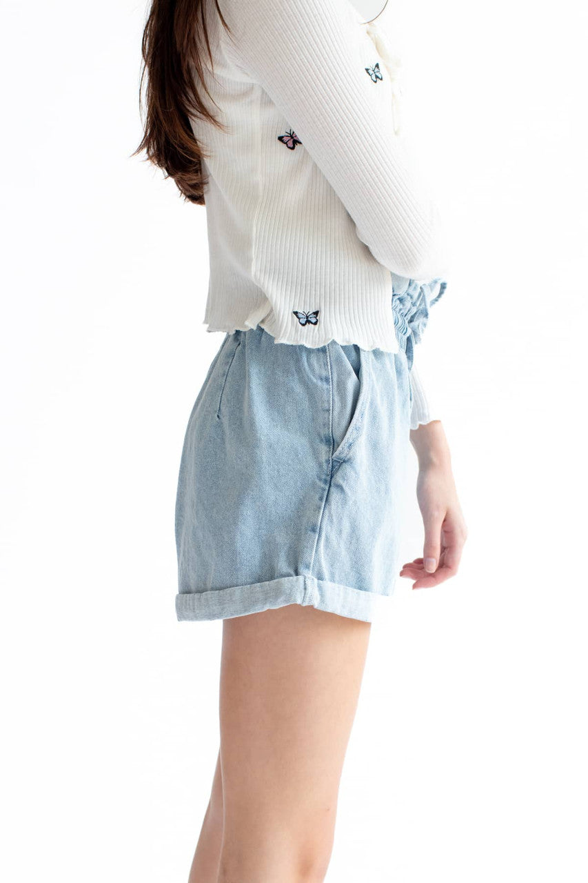 Paper Bag Drawstring Waist Denim Shorts
