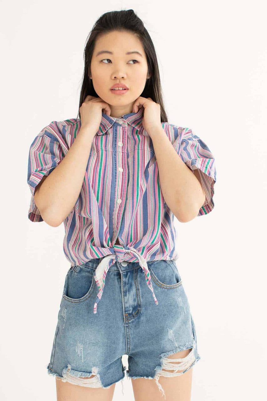 Pastel Striped Tie Waist Vintage Blouse