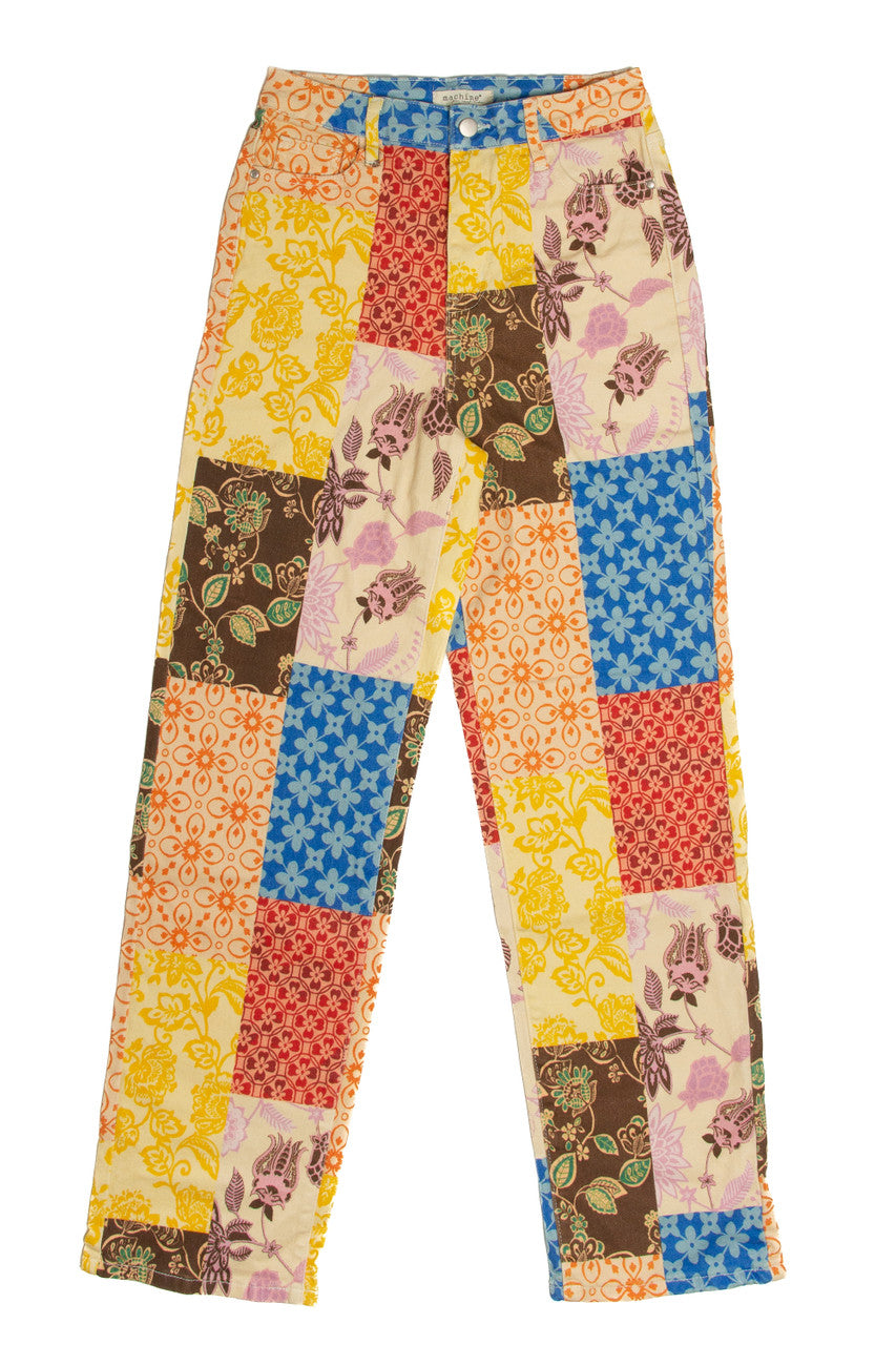 Straight Leg Patchwork Print Jeans