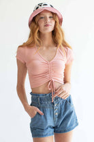 Peach Ruched V Neck Crop Tee