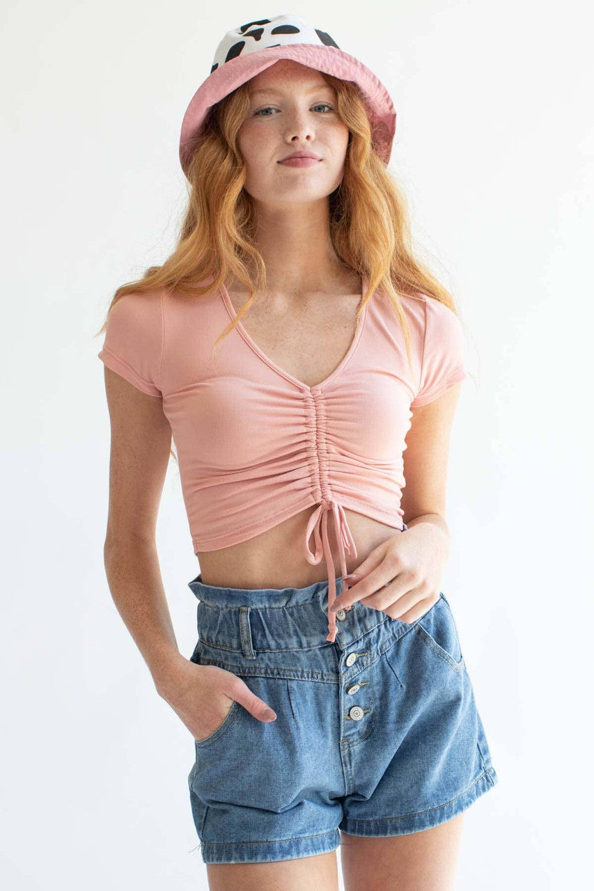 Peach Ruched V Neck Crop Tee