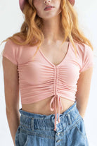 Peach Ruched V Neck Crop Tee