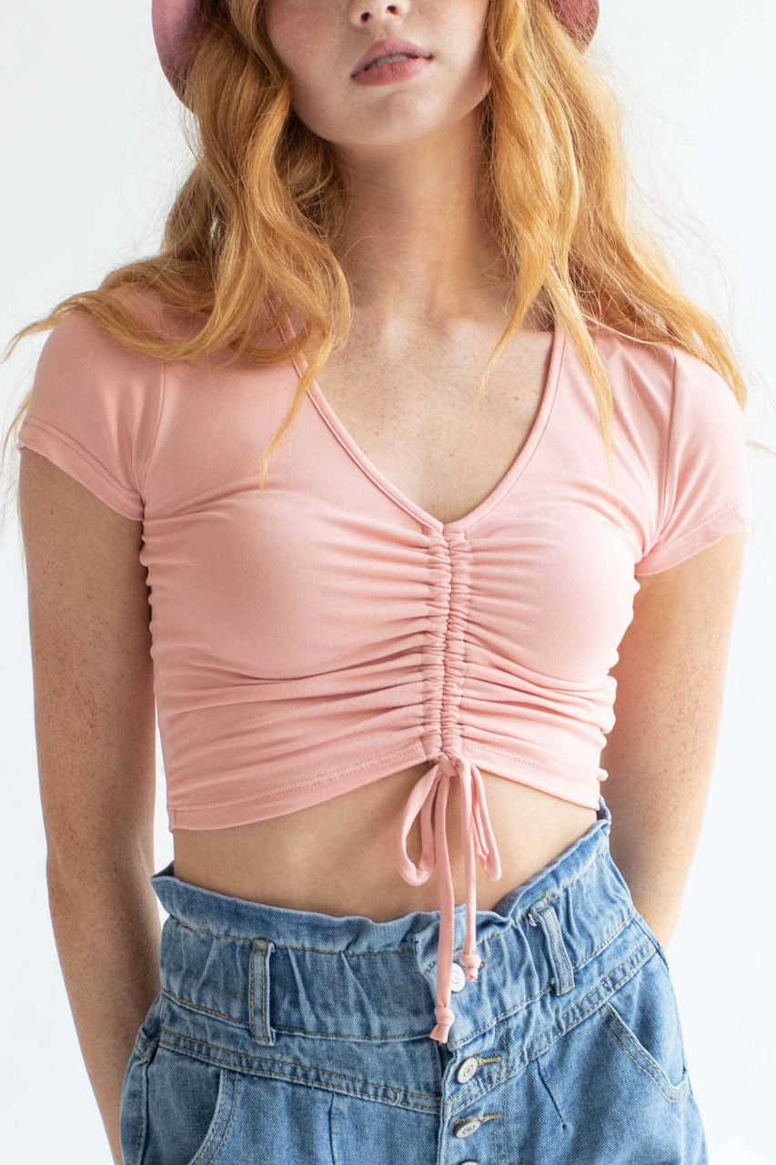 Peach Ruched V Neck Crop Tee