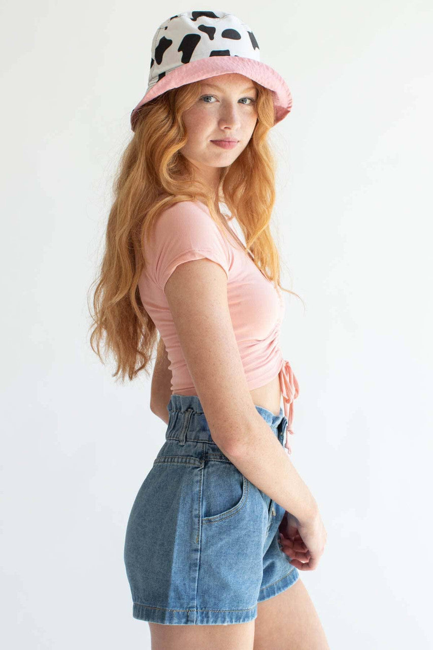 Peach Ruched V Neck Crop Tee