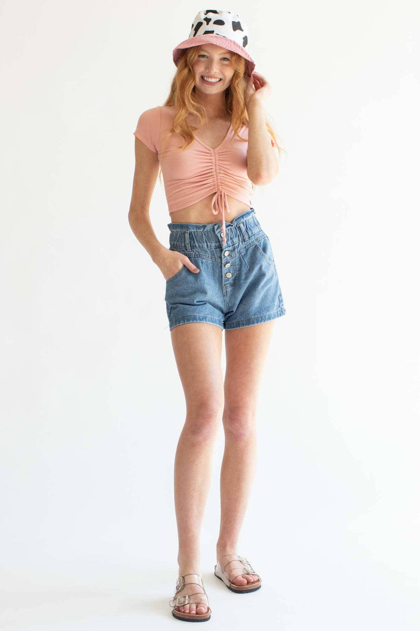 Peach Ruched V Neck Crop Tee