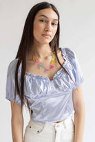 Periwinkle Satin Milkmaid Crop Top