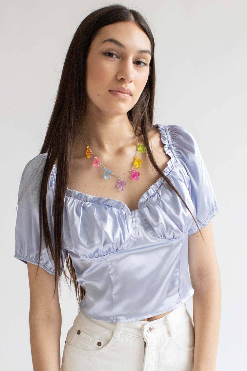 Periwinkle Satin Milkmaid Crop Top