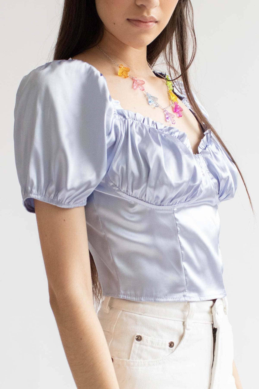 Periwinkle Satin Milkmaid Crop Top