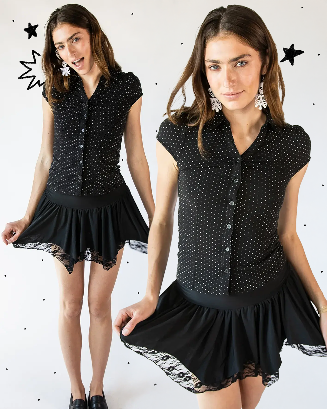 Woman wearing a black polka dot button-down shirt and a black lace-trim mini