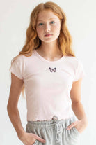Pink Butterfly Embroidered Crop Tee