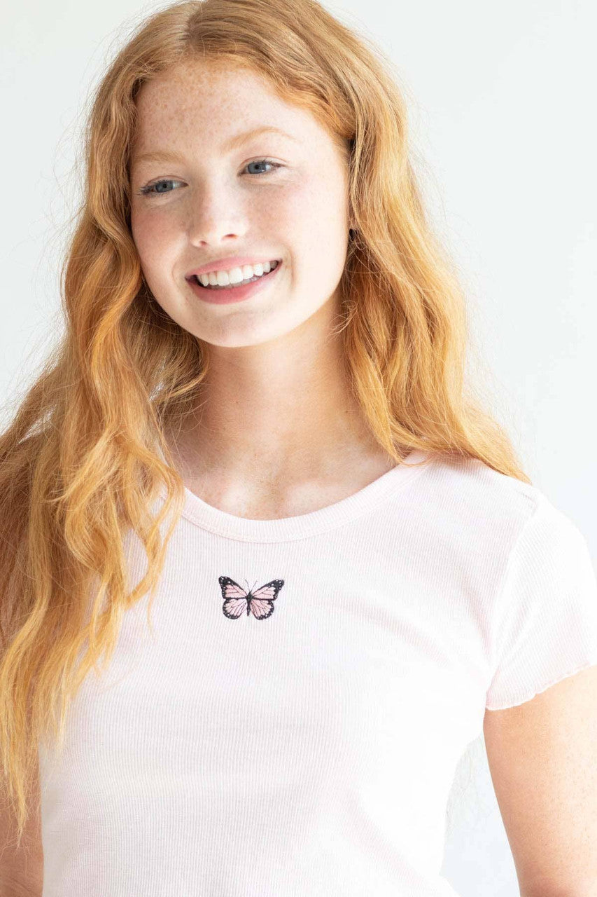 Pink Butterfly Embroidered Crop Tee