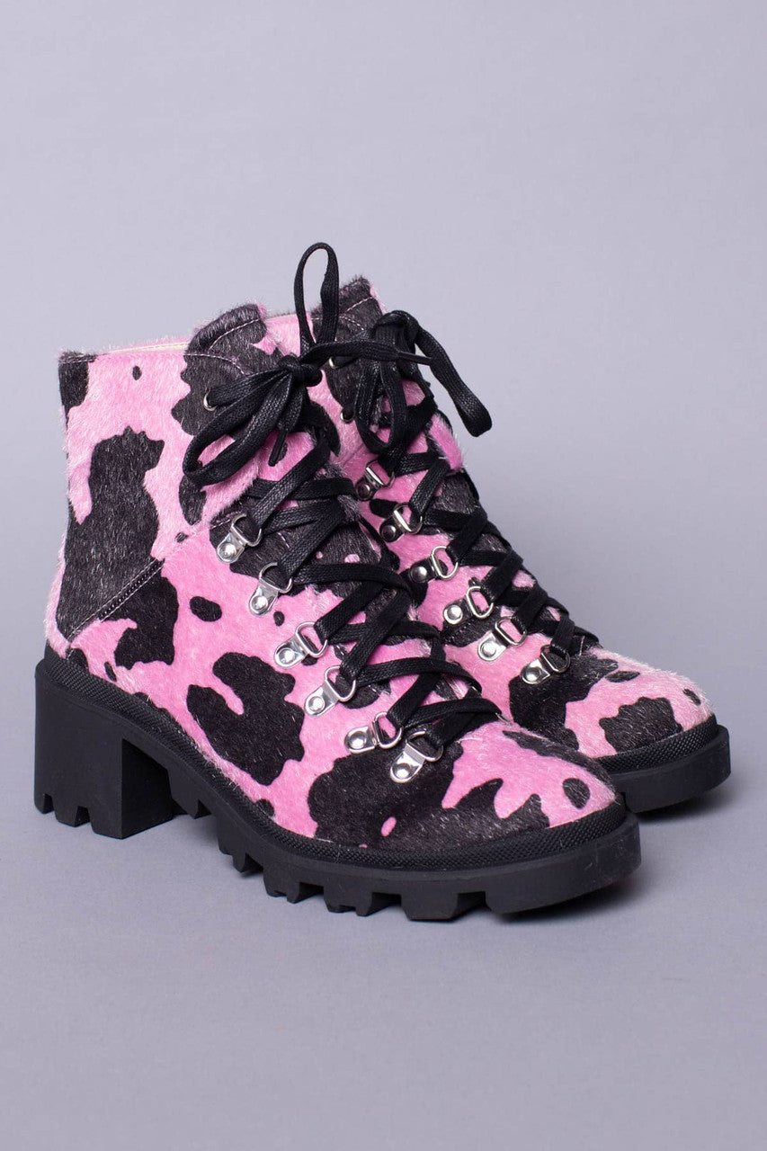 Pink Cow Print Grip Heel Bootie
