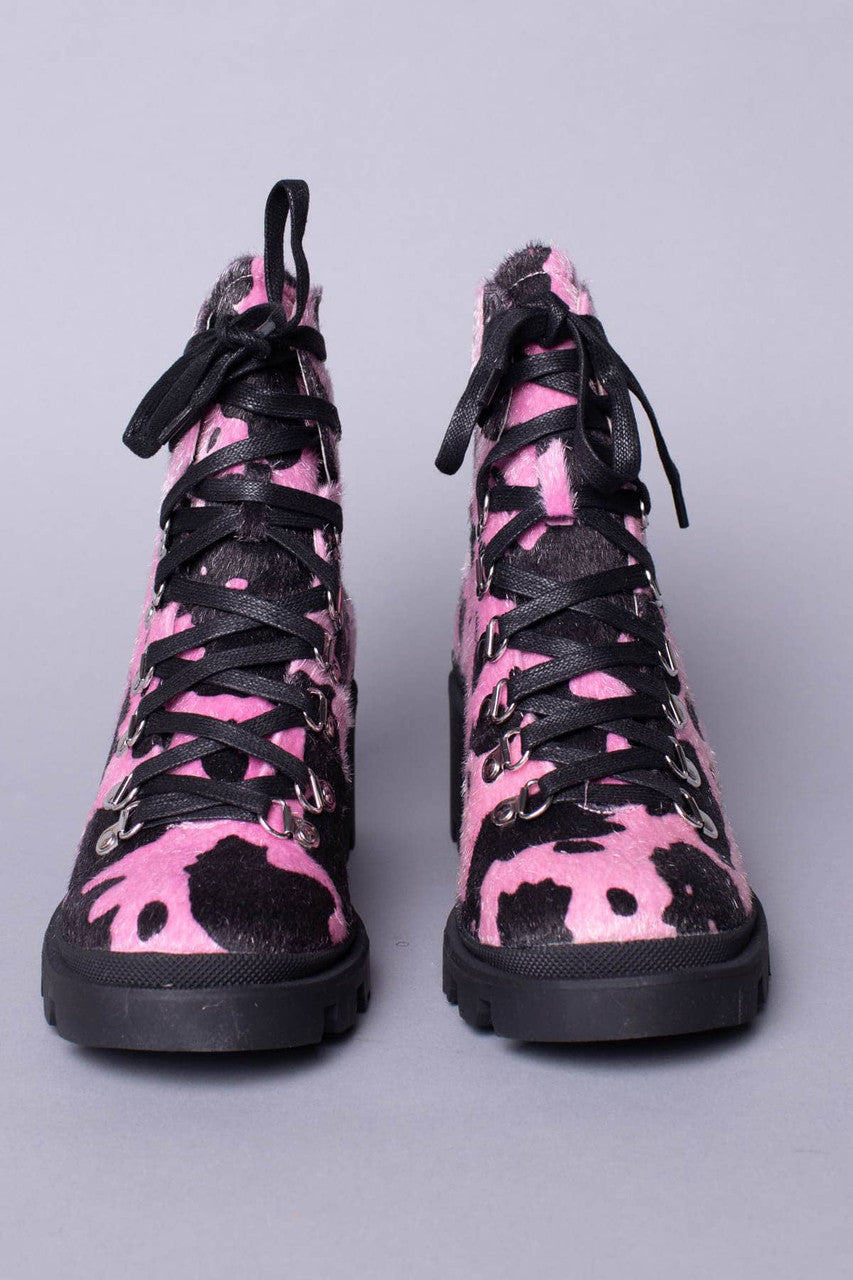 Pink Cow Print Grip Heel Bootie