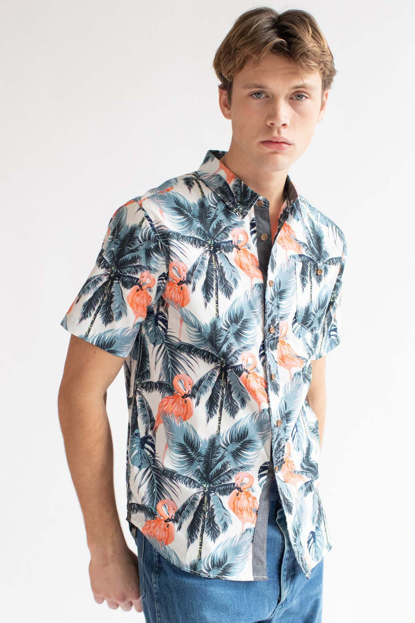 Pink Flamingo In The Palms Hawaiian Button Up Shirt