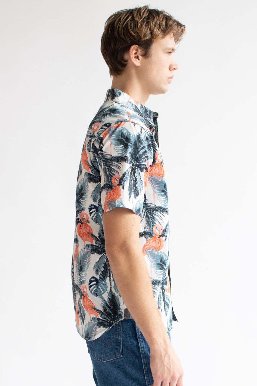 Pink Flamingo In The Palms Hawaiian Button Up Shirt