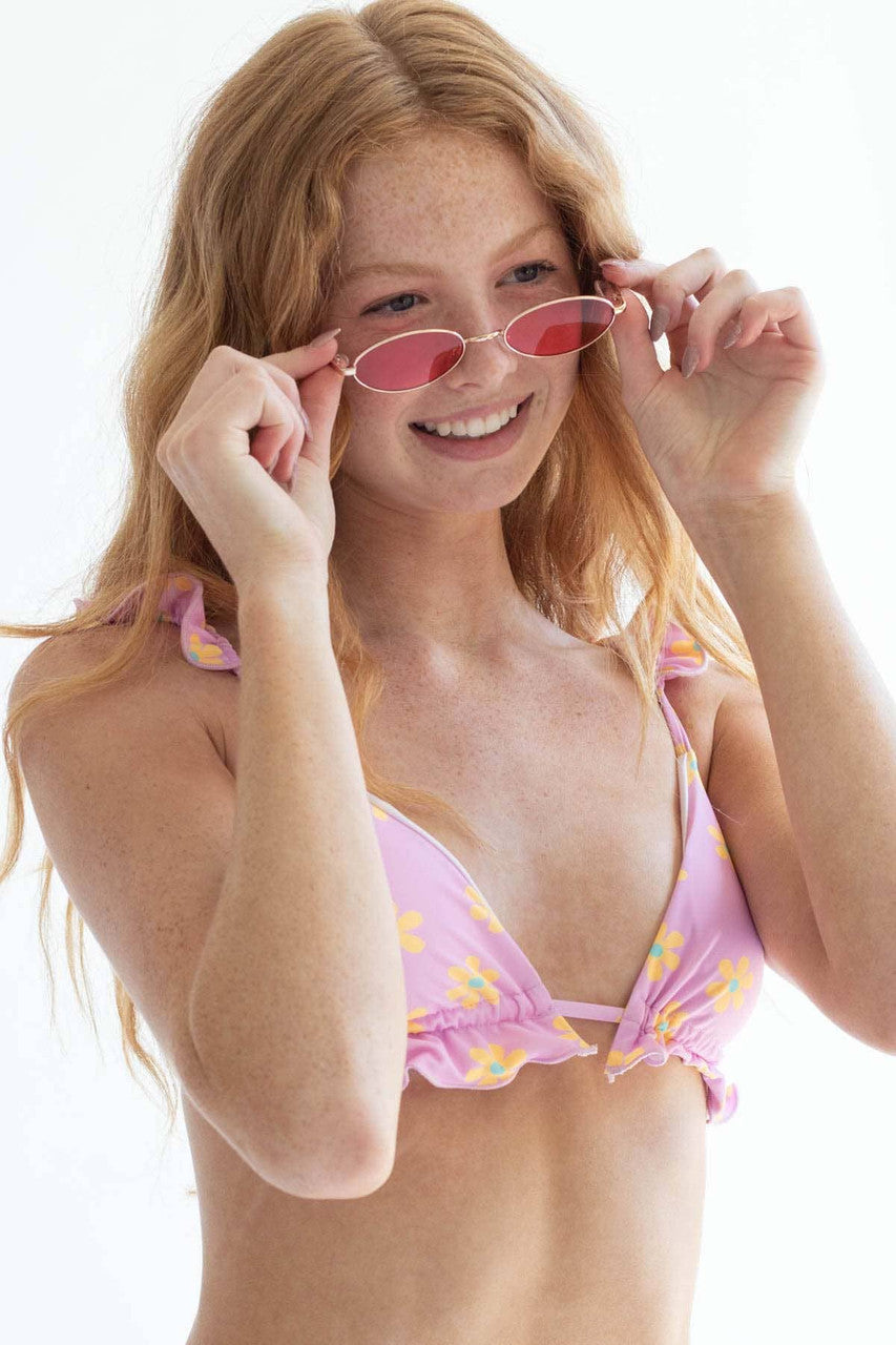 Pink Frilled Daisy String Bikini Top