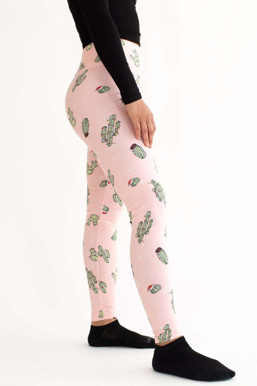 Pink Holiday Cactus High Waisted Leggings