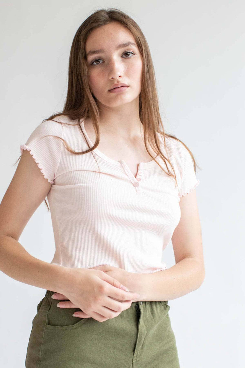 Pink Ribbed Henley Tee