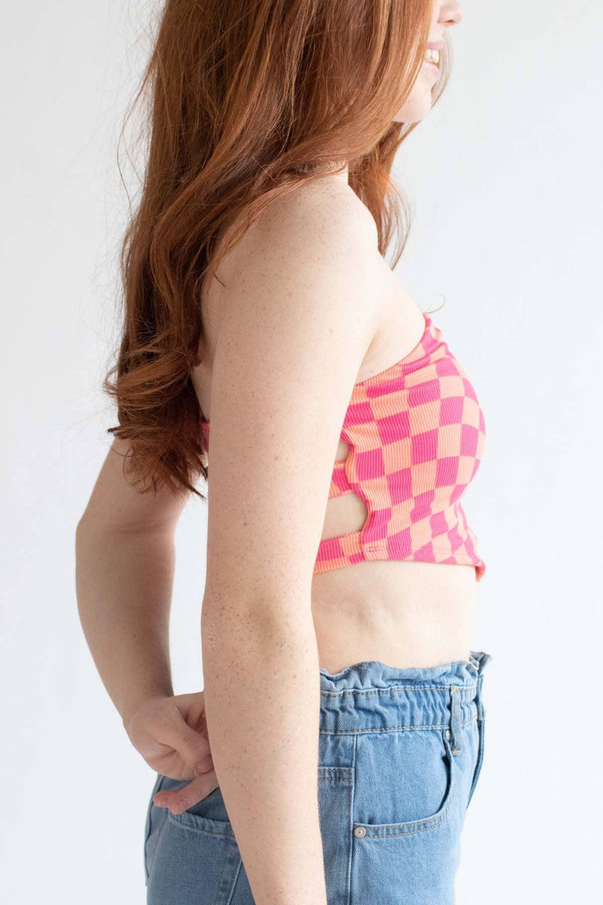 Pink Shock Wavy Checkered Handkerchief Hem Tube Top