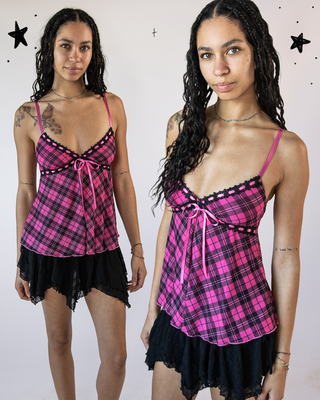 pink plaid babydoll tee on model
