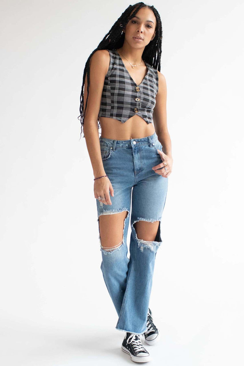 Black Plaid 3 Button Vest