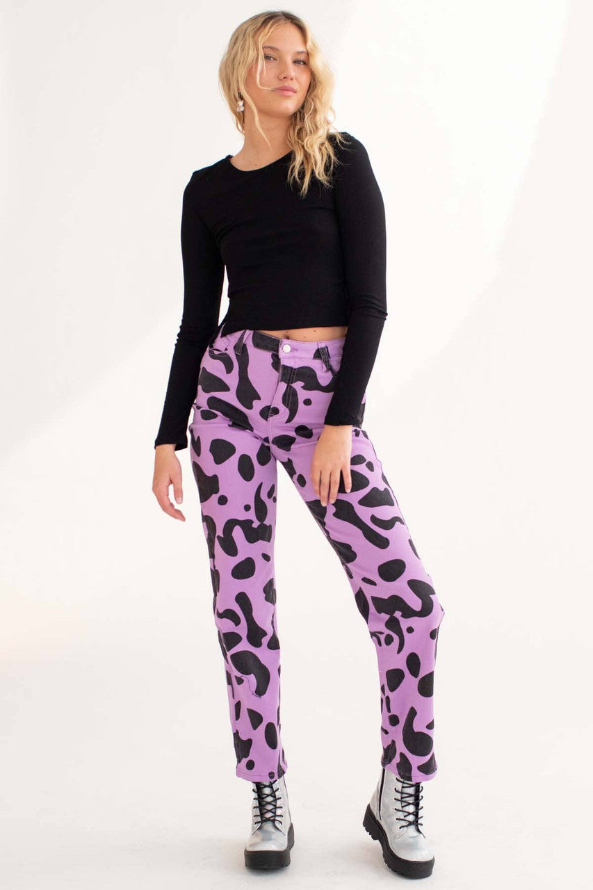 Purple Cow Print Wide Leg Jeans