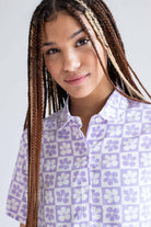 Purple Floral Checker Cropped Button Up Shirt