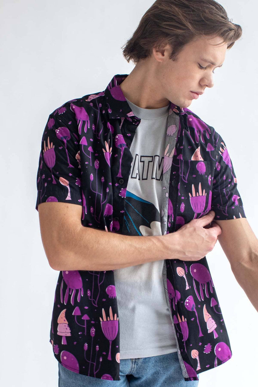 Purple Mushroom Land Woven Button Up Shirt