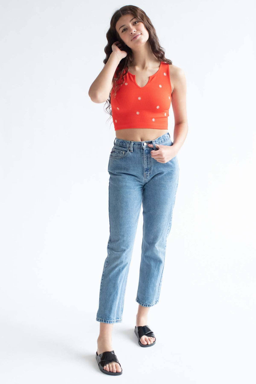Red Embroidered Flower Seamless Notch Tank