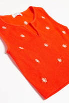 Red Embroidered Flower Seamless Notch Tank