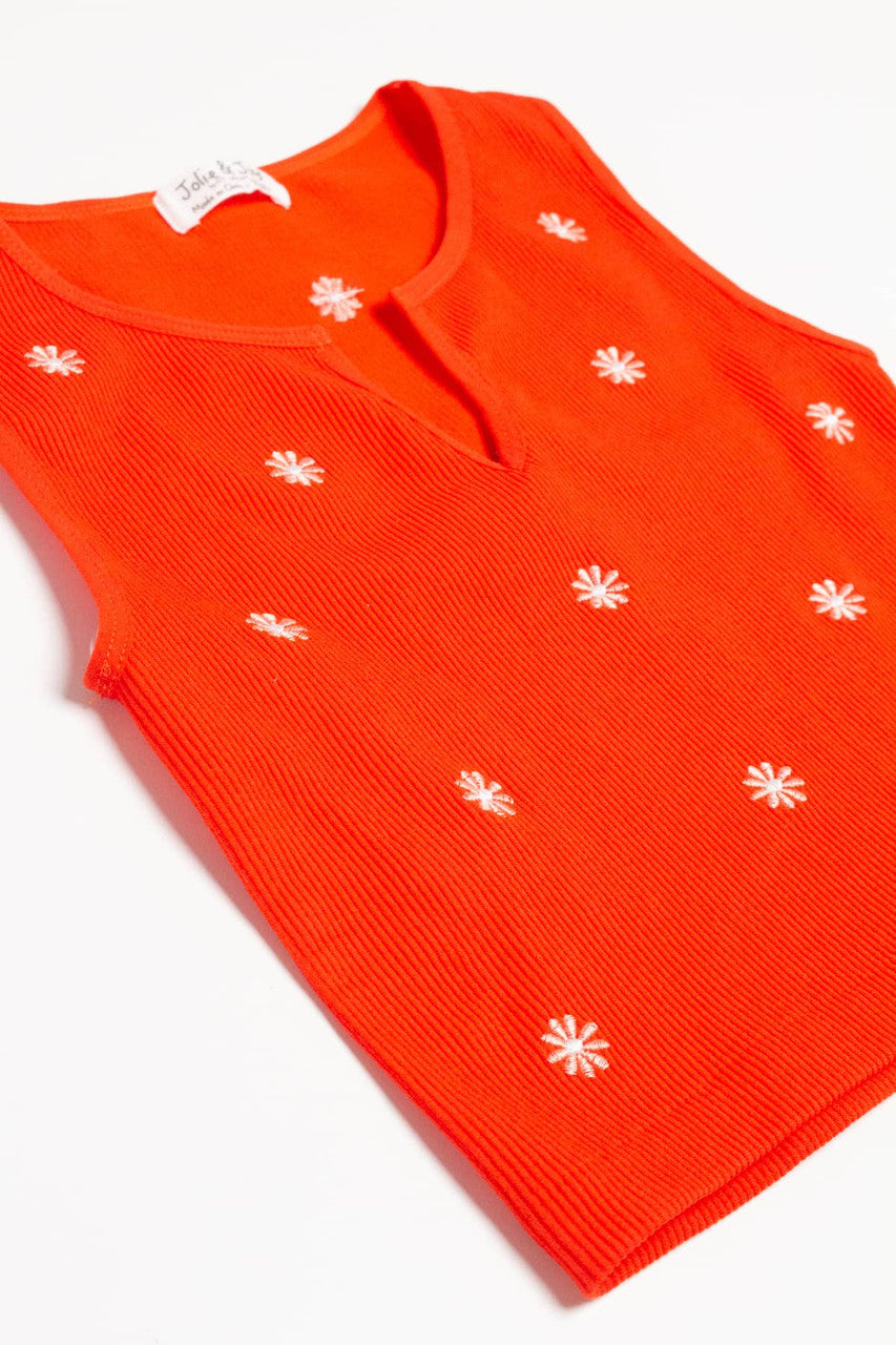Red Embroidered Flower Seamless Notch Tank