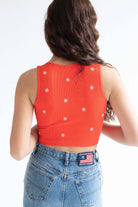 Red Embroidered Flower Seamless Notch Tank