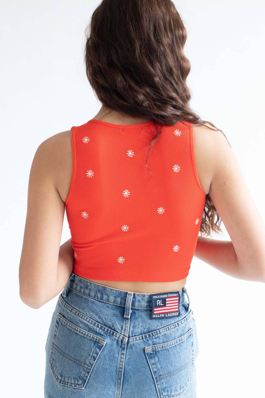 Red Embroidered Flower Seamless Notch Tank