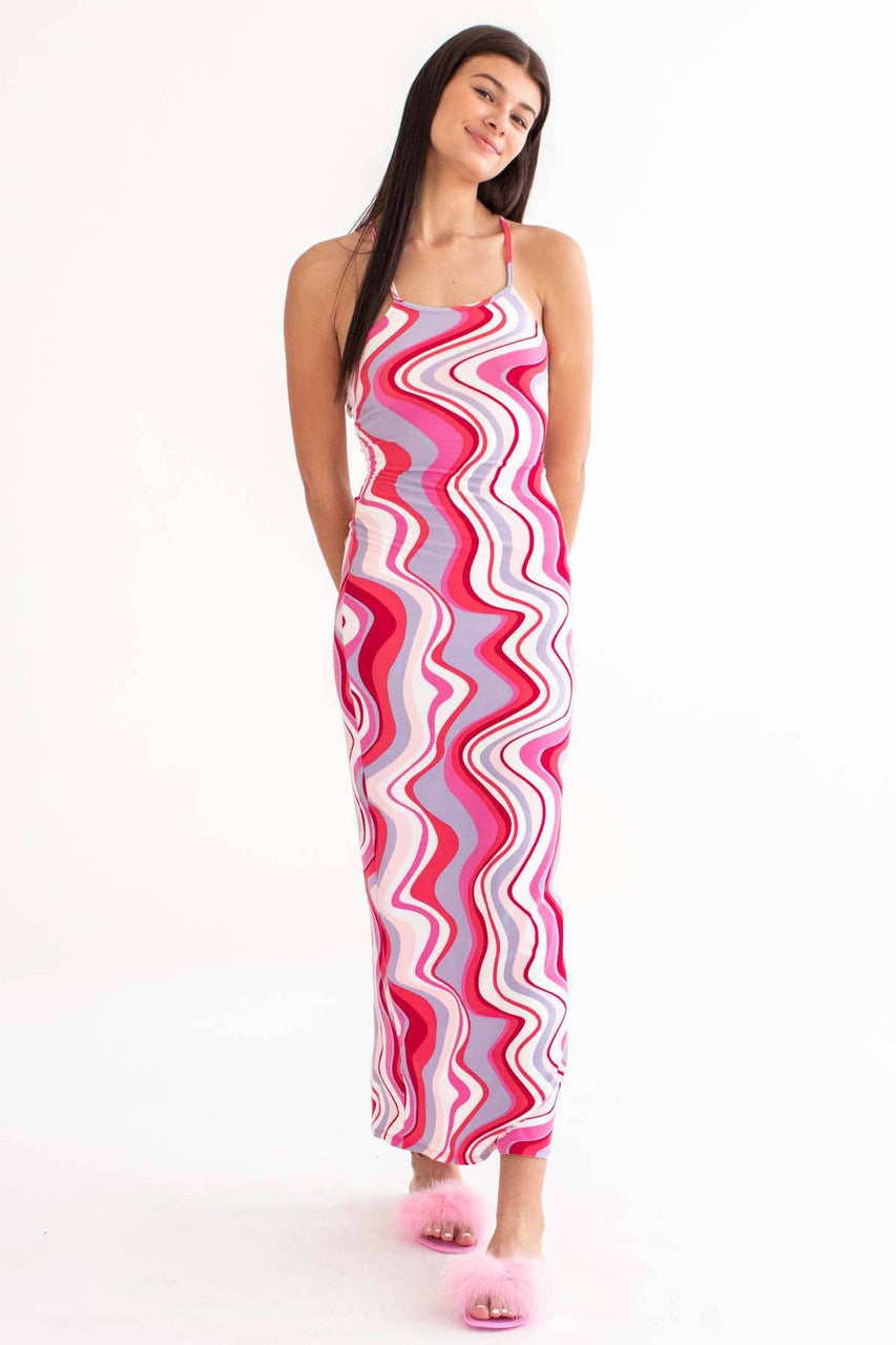 Red Marbled Waves Lace Up Back Maxi Dress