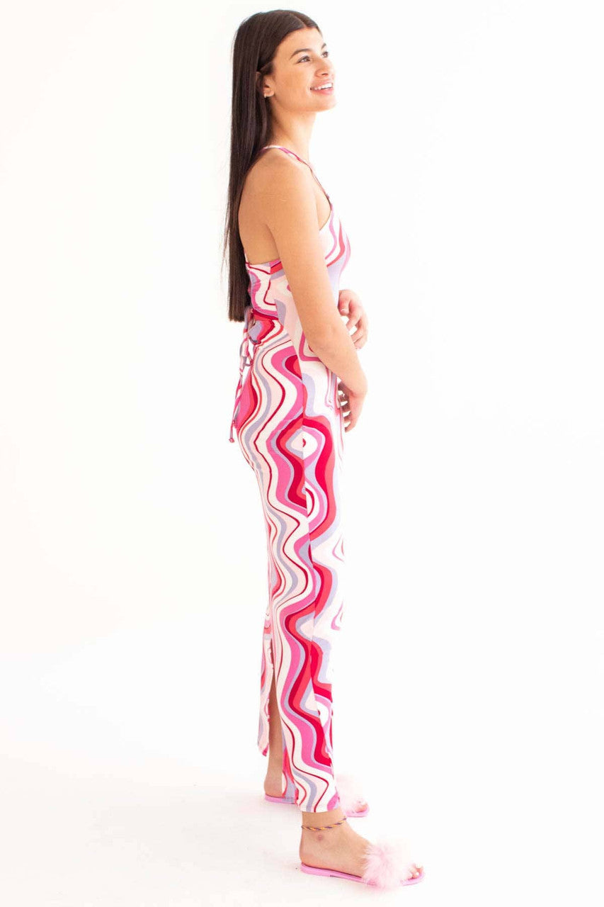 Red Marbled Waves Lace Up Back Maxi Dress