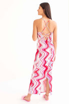 Red Marbled Waves Lace Up Back Maxi Dress