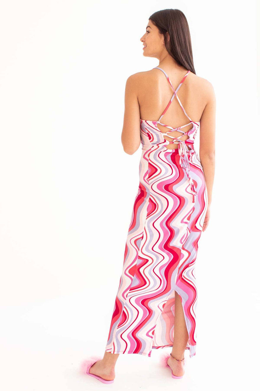 Red Marbled Waves Lace Up Back Maxi Dress