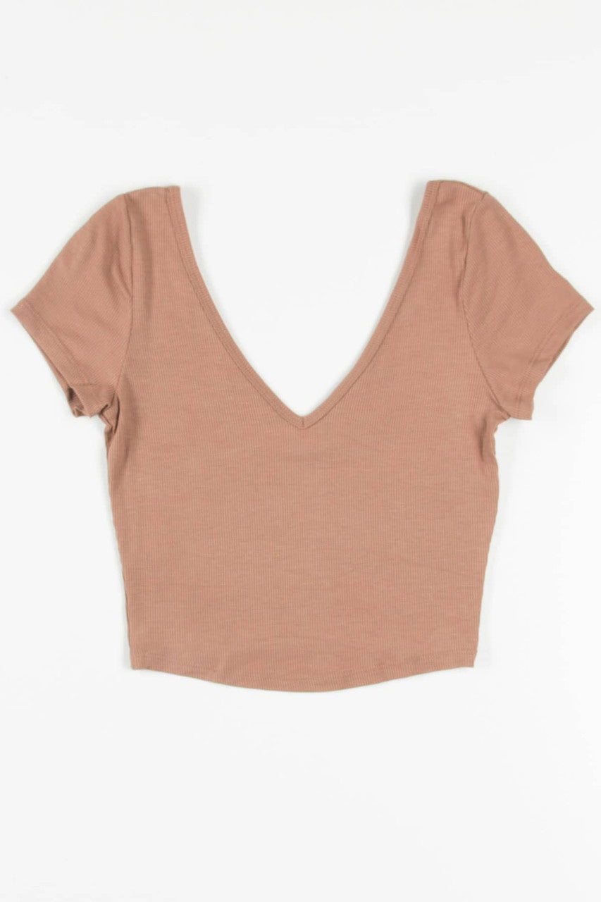 Hazelnut Ribbed Double V Neck Tee