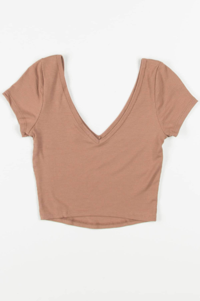 Hazelnut Ribbed Double V Neck Tee
