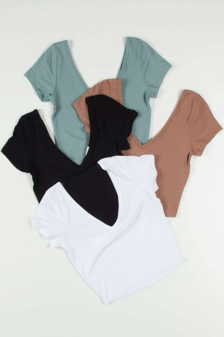 Hazelnut Ribbed Double V Neck Tee